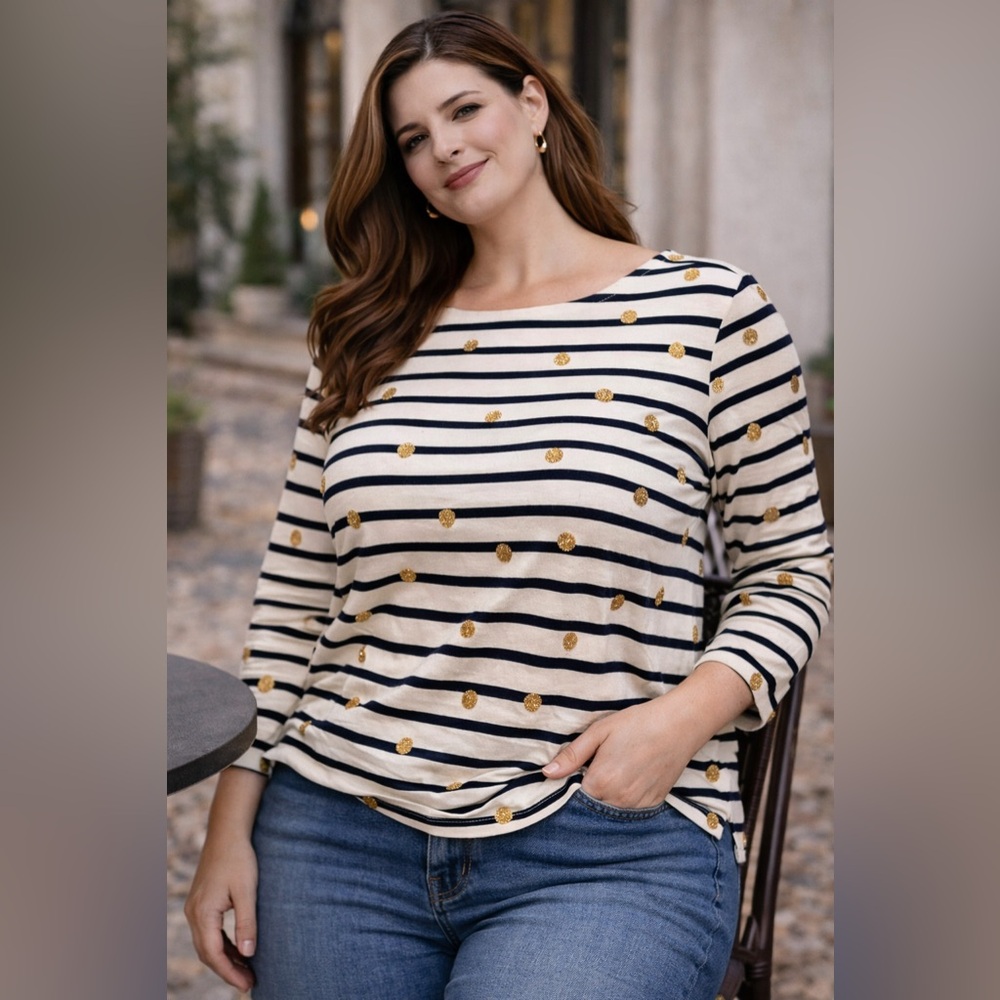 Talbots Striped Gold Polka Dot Long Sleeve Top Womens‎ L Nautical Cotton Shirt